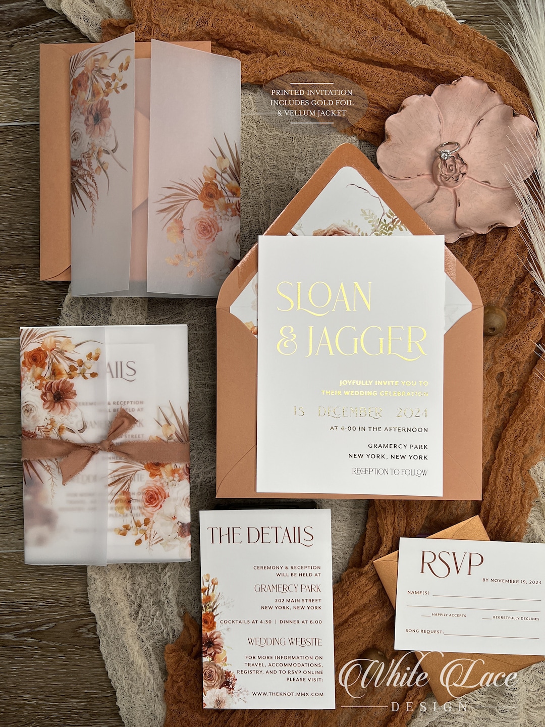 Vellum Jacket Wedding Invitation Suite, Gold Foil Wedding, Modern Font