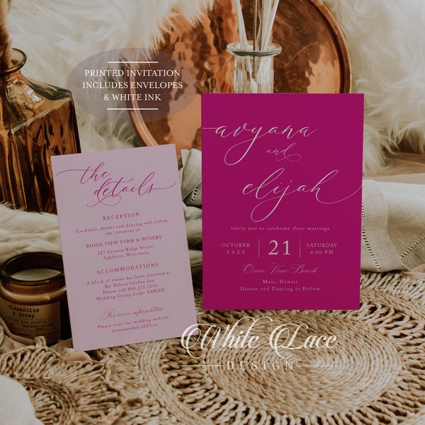 Avyana Suite in Hot Pink Wedding Invitations with white ink printing, Fuchsia and Light Pink, Bright Bold Trendy, Bright Pink Modern