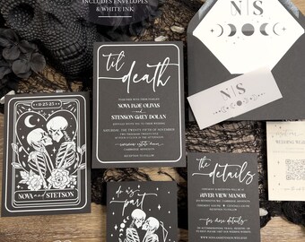 Til Death do us part Printed Wedding Invitation Suite, Halloween inspired unique, October Wedding, Black Gothic, The Lovers Tarot Wedding