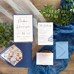 May include: Wedding invitation suite with a blue and white color scheme. The invitation features the names "Padma and Harrison" in cursive script. The details card includes information about the reception, the venue, and accommodations. The RSVP card has a blue background and white text.