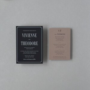 Modern black Vivienne invitation paired with a taupe wedding details card featuring minimalist typography for a sophisticated black tie wedding.