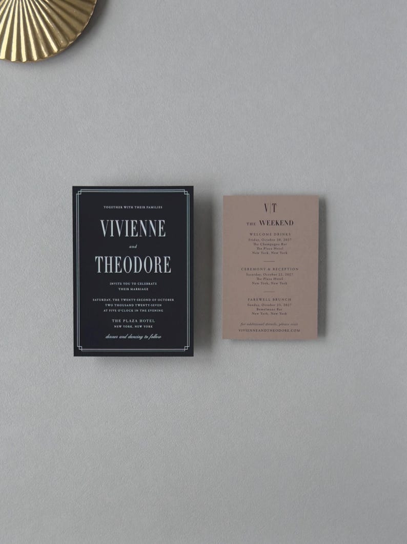 Modern black Vivienne invitation paired with a taupe wedding details card featuring minimalist typography for a sophisticated black tie wedding.