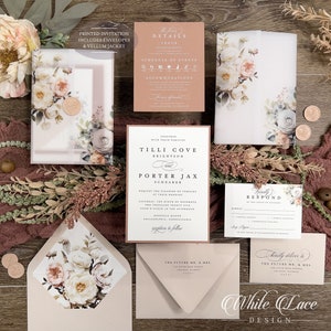 Neutral floral wedding invitation suite with warm ivory stationery, peach and taupe botanical artwork and coordinating details.
