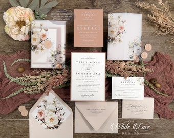 Printed Tilli Wedding Invitation suite, Neutral Tone, Earthy, Woodland Forest, Enchanting, Romantic Vellum Jacket, Terracotta Nude Palette