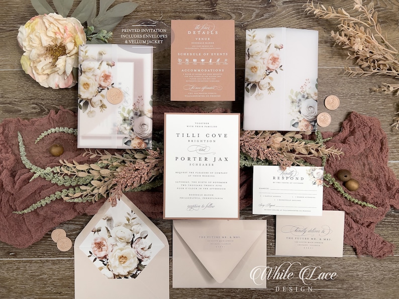 Neutral floral wedding invitation suite with warm ivory stationery, peach and taupe botanical artwork and coordinating details.