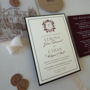 Burgundy European wedding invitation suite with vellum wrap, scalloped RSVP card and chocolate envelope