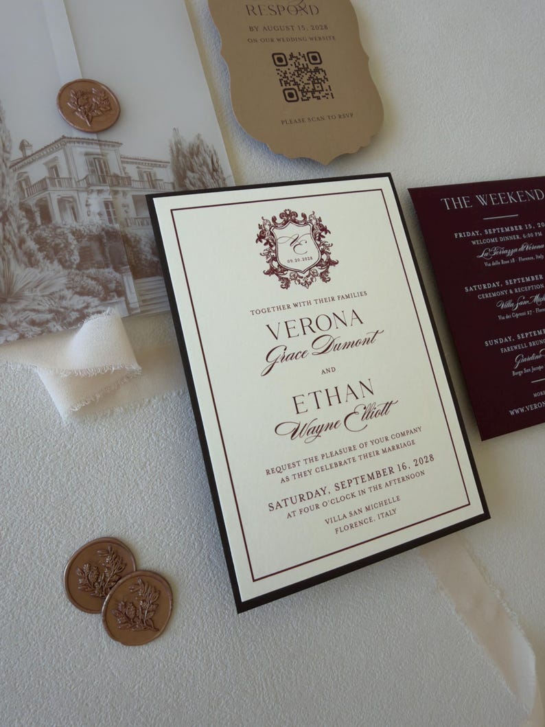Burgundy European wedding invitation suite with vellum wrap, scalloped RSVP card and chocolate envelope