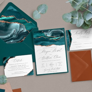 Teal Wedding Invitation - Agate Wedding - Teal Marble - Geode Wedding - Teal and Copper Wedding - Boho Wedding - Printed Invitation
