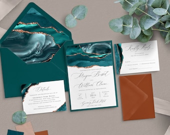 Teal Agate Wedding Invitation: Copper Geode, Boho Style