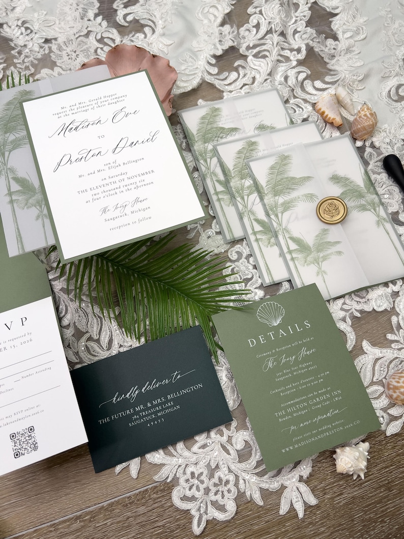 May include: Elegant wedding invitation suite featuring a main invitation, RSVP card, details card, and envelopes. The design includes palm tree illustrations, a wax seal, and calligraphy. The color palette is white, green, and dark green.