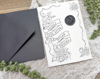 PRINTED Trifold Wedding Invitation | Line Art Floral Tattoo Gothic | Modern-Inspired Wedding Suite, RSVP-Details, All-In-One + Envelope