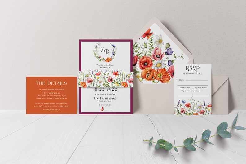 Bright Wildflower Wedding Invitation Colorful Wedding Eucalyptus Wedding Spring Wedding Flower Wedding White Ink Printed image 3