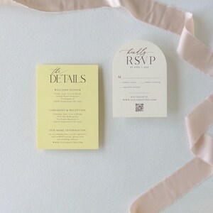 Butter yellow wedding details card paired with ivory arched RSVP card and soft blush ribbon for an elegant spring or summer wedding invitation suite.