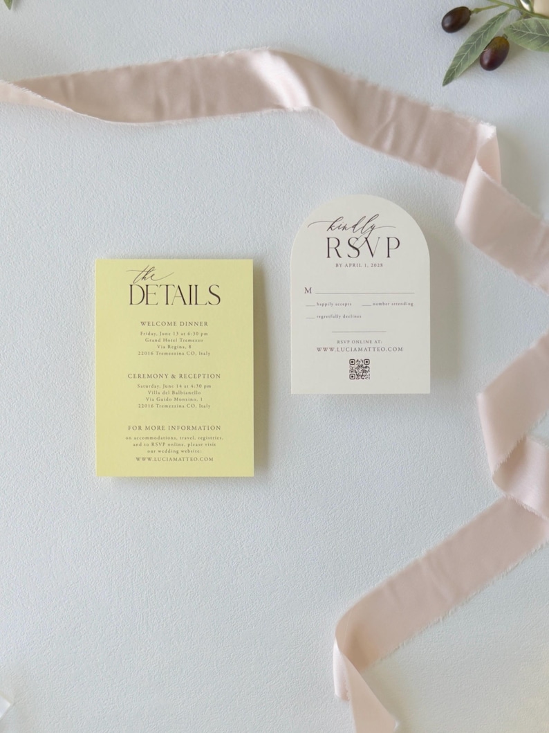 Butter yellow wedding details card paired with ivory arched RSVP card and soft blush ribbon for an elegant spring or summer wedding invitation suite.