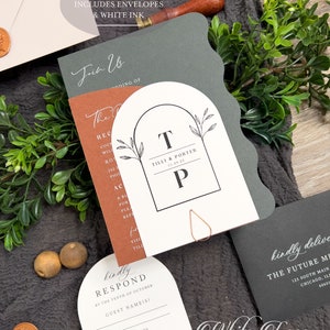 Wavy Edge Wedding Invitation Suite: Green, Rust, and White Ink