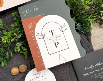 Printed Tilli Wavy Arch Invitation Suite, Dark Green and Rust, Scallop Edge White Ink Unique wedding, Moody Wedding Monogram Leaves