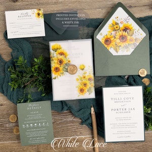 Printed Sunflower Wedding Invitation suite, Rustic Wedding invitation, Sunflower theme with greenery invitation suite, Summer, white ink