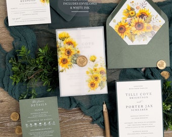 Printed Sunflower Wedding Invitation suite, Rustic Wedding invitation, Sunflower theme with greenery invitation suite, Summer, white ink