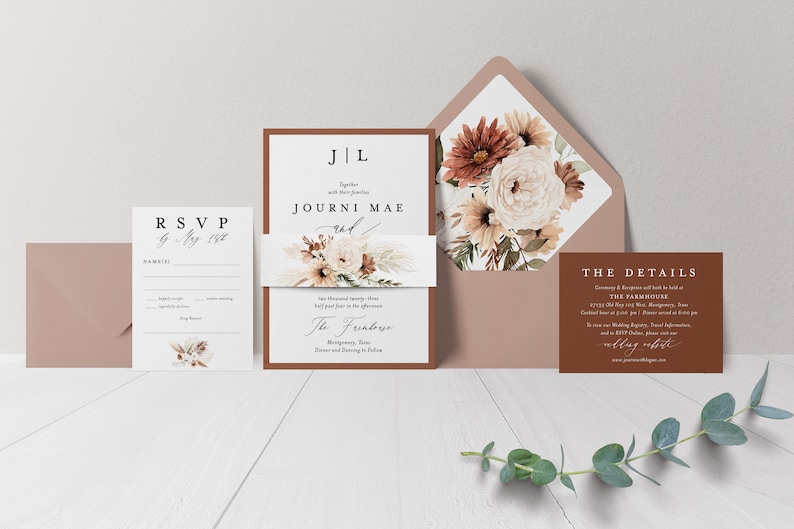 Terracotta Wedding Invite Pampas Wedding Rust Wedding Floral Terracotta Wedding Boho Wedding Modern Invite Printed Invitation image 4