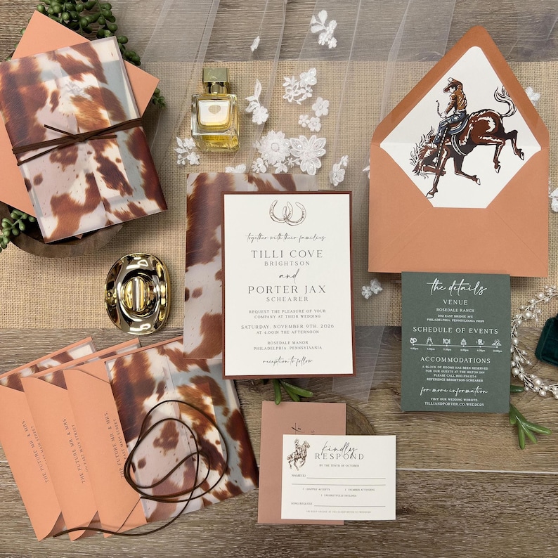 Cowboy Rodeo Cowhide Pattern Vellum Jacket Envelope Liner Wedding Invitation Suite with suede wrap