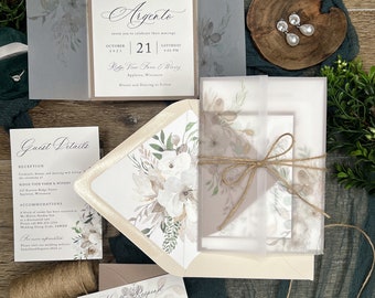 Rustic Floral Vellum Wedding Invitation Suite: Taupe & Greenery