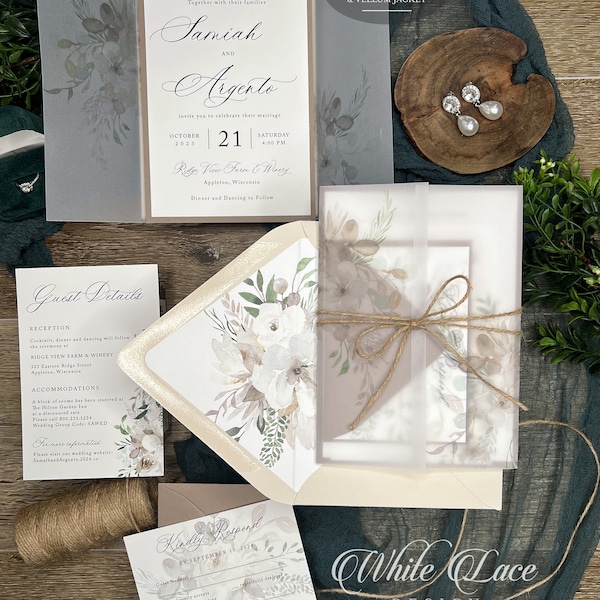 Rustic Fall/Winter Wedding Invitation suite with printed Vellum Jacket, earthy tones, Taupe Boho, Rustic Greenery PRINTED Samiah Collection