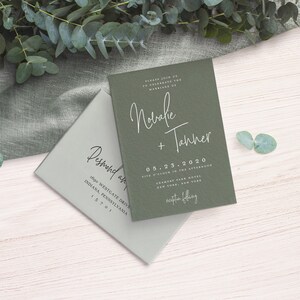 May include: Green wedding invitation with white calligraphy for the wedding of Novalie and Tanner. The date is 05.23.2020 and the time is five o'clock in the afternoon. The location is Gramercy Park Hotel in New York, New York.