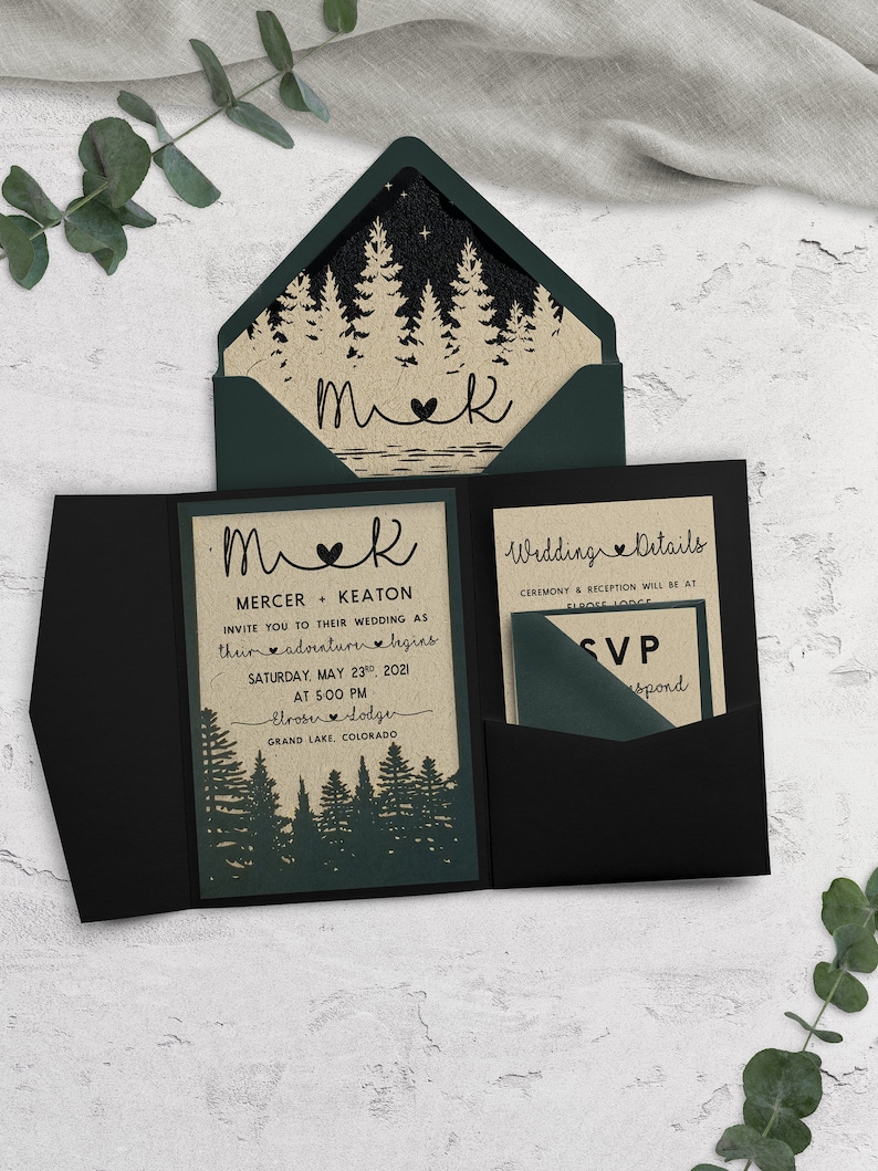 Rustic Wedding Invitation, Forest Wedding Invitation, Outdoor Wedding, Greenery Wedding, Into the Woods Wedding, Pocketfold, Printed image 3