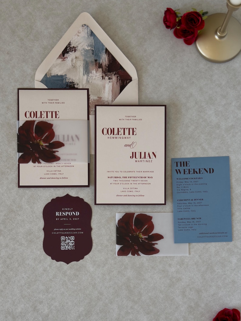 Romantic burgundy floral wedding invitation suite with dusty blue details card, ivory invitation, scalloped burgundy RSVP and burgundy envelope with dramatic coordinating floral liner.