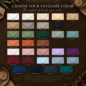 1. Wedding invitation envelope color chart featuring neutral, green, pink, burgundy, blue, purple and teal envelope options.