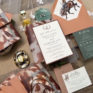 Cowboy Rodeo Cowhide Pattern Vellum Jacket Envelope Liner Wedding Invitation Suite with suede wrap