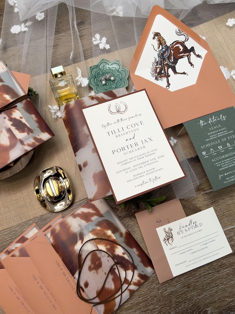 Cowboy Rodeo Cowhide Pattern Vellum Jacket Envelope Liner Wedding Invitation Suite with suede wrap
