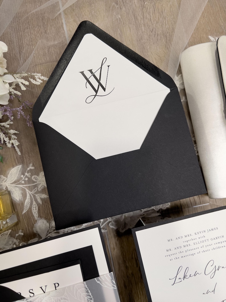 Black and white wedding invitations with classic, timeless design. Minimalist black wedding with white ink floral vellum thick band and monogram wedding logo designed for you.