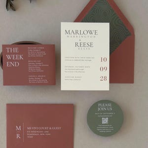 Marlowe clay and olive wedding invitation suite shown in an assembly video featuring an ivory invitation, terracotta details cards, round green RSVP card and coordinating envelope.