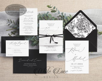 Black and White Wedding Invitation - Line Flower - Simple Wedding  - Classic - Minimal Wedding - Envelope Liner - Vellum Band - Printed