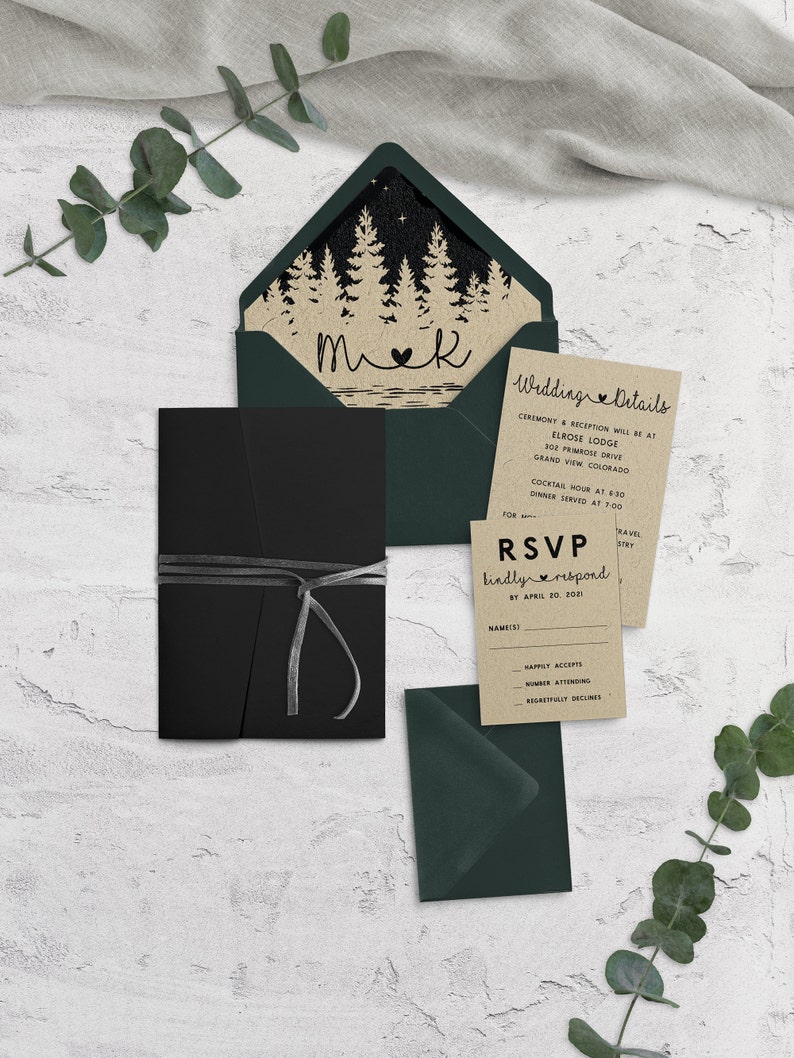 Rustic Wedding Invitation, Forest Wedding Invitation, Outdoor Wedding, Greenery Wedding, Into the Woods Wedding, Pocketfold, Printed image 2