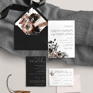 Black Wedding Invitation - Forest Wedding - Boho Wedding - Modern Wedding - Rustic Invite - Leaves - Gothic Boho - Printed Wedding Invites