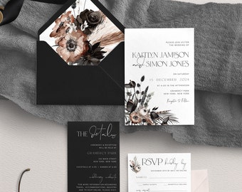 Black Wedding Invitation - Forest Wedding - Boho Wedding - Modern Wedding - Rustic Invite - Leaves - Gothic Boho - Printed Wedding Invites