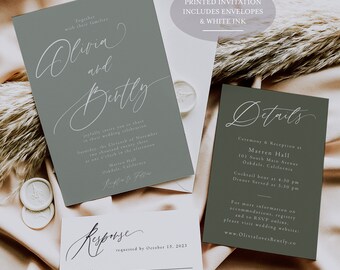 Sage Green Wedding Invitation: White Ink, Minimalist Design
