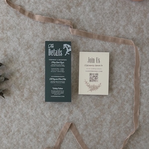 Dark green wedding details card and ivory QR code RSVP card styled with soft taupe ribbon from the elegant Sadie wedding invitation suite.