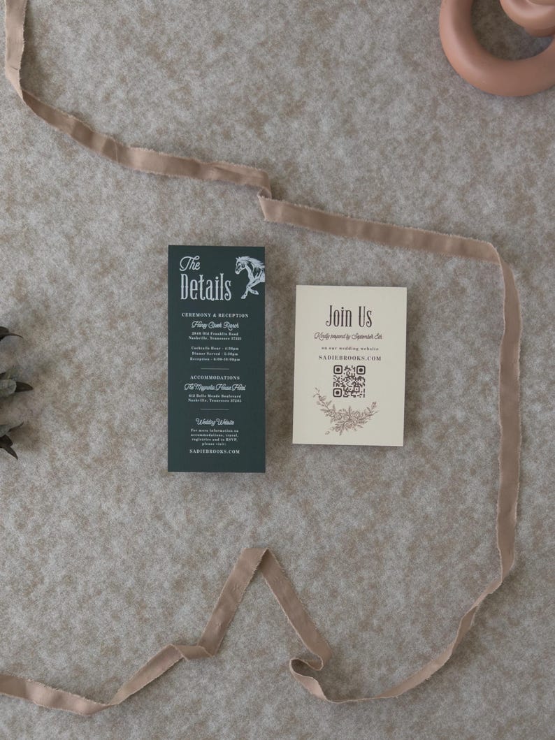 Dark green wedding details card and ivory QR code RSVP card styled with soft taupe ribbon from the elegant Sadie wedding invitation suite.