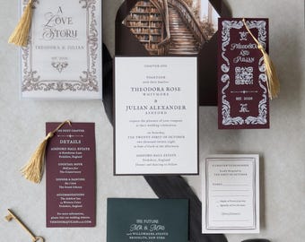 May include: A wedding invitation suite featuring a white card with gold tassel, a dark burgundy envelope with a library staircase illustration, a burgundy card with a QR code and gold tassel, a burgundy details card, a dark green envelope, and a small RSVP card.