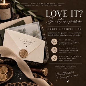 Wedding invitation sample information explaining how to order an $8 sample to see paper, printing and finishes in person.