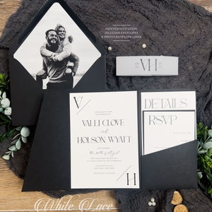 Black and White Wedding Invitation Suites, Angled Pocketfold, Vellum Belly Band, Monogram logo, Photo envelope liner, Minimal Modern PRINTED