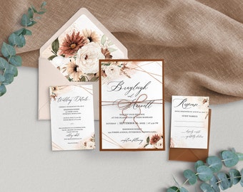 Terracotta Boho Wedding Invitation - Eucalyptus wedding - Rose Gold - Rustic Invite - Ivory Wedding - Romantic Wedding - PRINTED