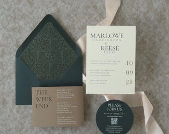 May include: A wedding invitation suite featuring a cream-coloured card with black text for Marlowe Harrington and Reese Ellis, a dark green envelope with a patterned liner, a tan information card titled The Weekend, and a round dark green RSVP card.