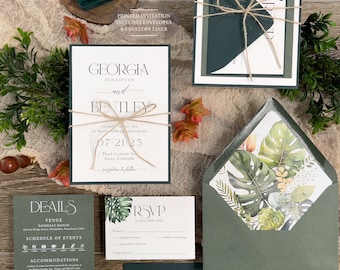 Tropical Beach Wedding Invitation Suite, Beach Desert Wedding, Monstera Leaf Printed, Sage and Dark Green, Modern Destination wedding