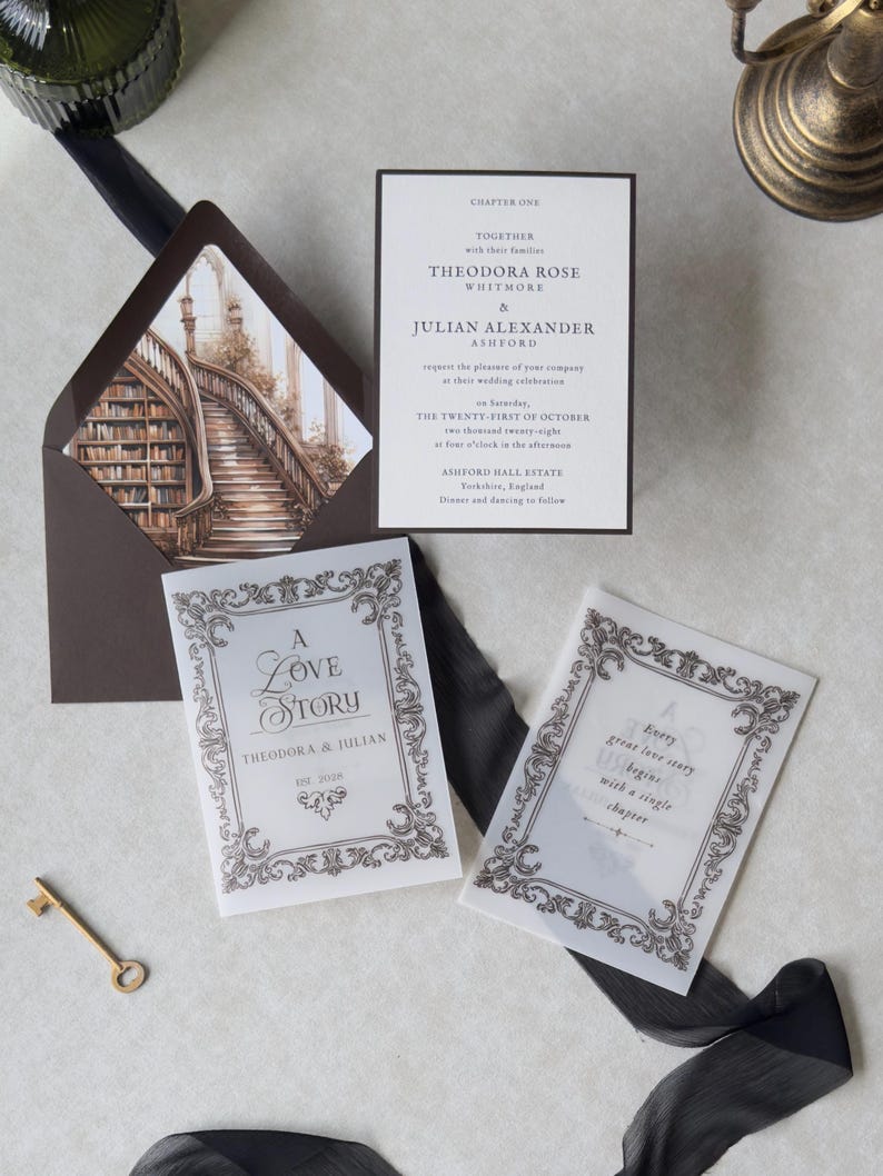 Elegant ivory literary wedding invitation with classic typography arranged alongside intricate illustrated stationery pieces and a grand staircase envelope liner, styled on a light neutral backdrop with dark ribbon.