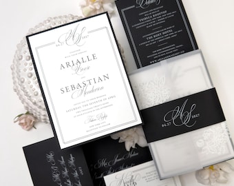 Black Tie Wedding Invitation Suite | Luxury Monogram Wedding Invitations | Elegant Vellum Wrap Invite | PRINTED Set