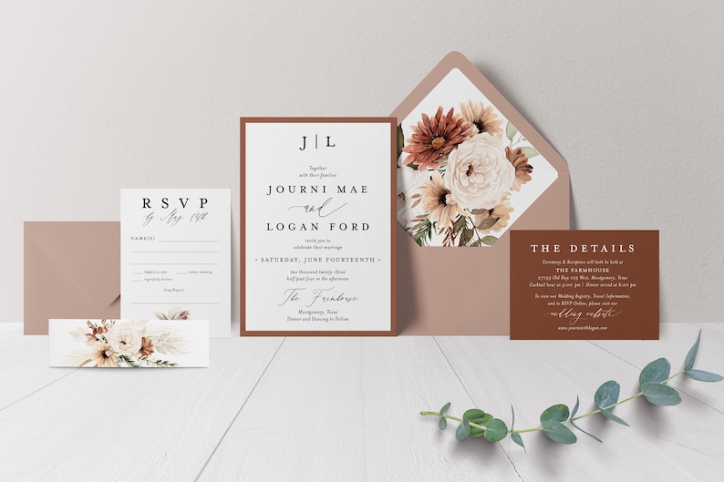 Terracotta Wedding Invite Pampas Wedding Rust Wedding Floral Terracotta Wedding Boho Wedding Modern Invite Printed Invitation image 1